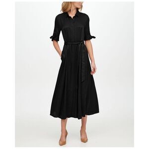 NWT CALVIN KLEIN Womens Black Tie Button Front Removable Belt Midi Dress 14